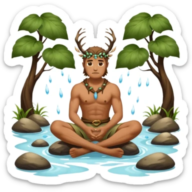 full body tan skin druid man sitting in stream, back muscles wet, moth swarm sticker