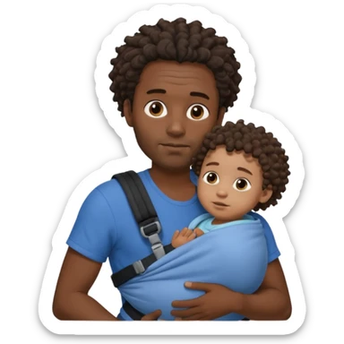 Very Dark skinned black Dad slim face , with short dread locks with his brown curly haired baby in carrier baby, face of baby is not visible sticker
