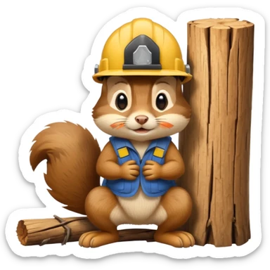  a chipmunk in a construction helmet kneels in front of a log sticker