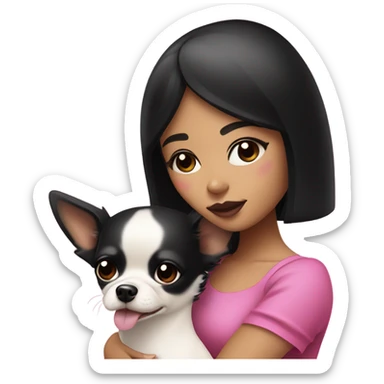 Thick medium black hair with black eyes and pink lip and pink cheek Filipino lady hugging lack and white Chihuahua  sticker