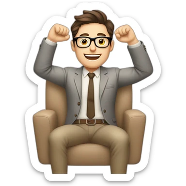 Joyful Celebrating victory Hands up Pale skinned Fit Man With dark brown hair in gray jacket, beige office shirt, Brown pants and vintage glasses sitting In a soft chair sticker