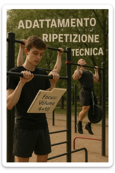 Giovane atleta principiante, fisico asciutto ma non muscoloso, si allena in uno street park con sbarra e parallele. Sta eseguendo serie lunghe di trazioni a corpo libero, concentrato sulla tecnica e sul controllo. Vicino a lui si vede un block notes con scritto a penna 'Focus: Volume, 4x10', mentre in lontananza un altro atleta molto più grosso fa una singola ripetizione con zavorra pesante. Il neofita guarda il suo diario, non gli altri. L’ambiente è sereno, luce naturale, atmosfera di crescita e disciplina. Sullo sfondo si intravedono i concetti scritti in aria con stile metaforico: 'Adattamento', 'Ripetizione', 'Tecnica', fluttuanti accanto a lui sticker