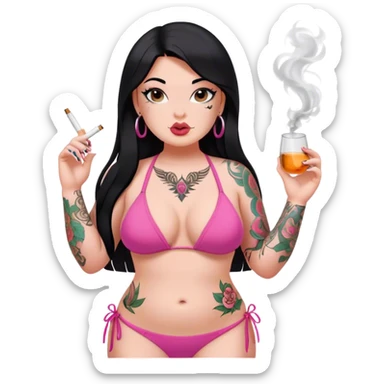 caucasian curvy girl, with tattoos, in pink bikini, smoking, with a long straight black hair  sticker