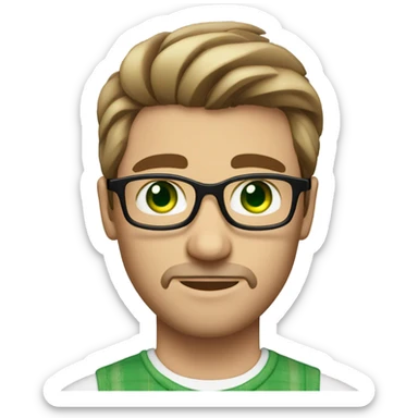 fair skinned Caucasian male, green eyes, brown glasses and stubble sticker