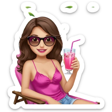 girl with long wavy brown hair, brown eyes, long lashes makeup, sexy pink lips, smiling, light to medium complexion, wearing a pink sexy silk top, relaxing in a beach chair, wearing black sunglasses, holding a drink, palm trees  sticker