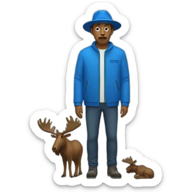 Man with blue jacket and cap with dead moose sticker