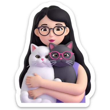 Skinny woman with oval glasses, long straight black hair, pink cheek blush, wearing white sleeveless top, hugging a grey Persian-Angora cat, plain background sticker