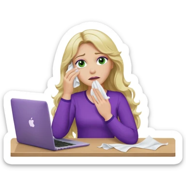 lady with long wavy blonde hair, purple top, green eyes, at desk with hand holding tissue to her eye and crying, with a purple mac laptop  sticker