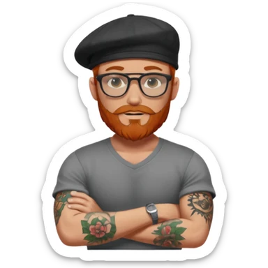 Muscular looking red headed man with beard and rayban glasses wearing a scally cap with sleeve tattoosAns sticker