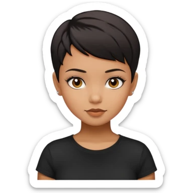 A girl with black short pixie haircut cut, dark brown eyes that almost look like black, caramel tone skin colour. Wearing a black t-shirt.  sticker