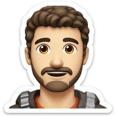 A young Caucasian man with dark brown eyes, almond-shaped eyes, short dark brown hair, and a small dark brown beard with a more prominent mustache. sticker