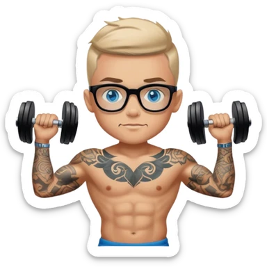 Tattooed boy blue eyes with black glasses lifting weights  sticker