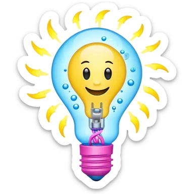 happy lightbulb emoji with spinning atom inside, chemical bubbles, electric lightning bolt coming out from top, colors yellow, neon blue, bright pink, energy and scientific creativity sticker