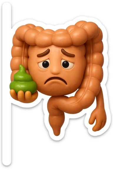 emoji stile iphone 3d di un intestino con espressione triste con cacca verde e liquida in mano, iperrealistiche 4k sticker