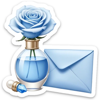 white-blue rose next to a pearl-colored envelope and a flacon of aesthetically pleasing perfume in powder blue  sticker