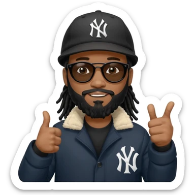African American man with shoulder length black dreadlocks with black beard wearing  dark black sunglasses with a black bubble winter coat wearing a New York Yankees baseball cap giving the thumbs up sticker