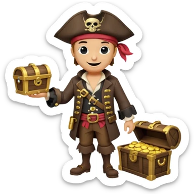 A 3D cartoon pirate character with one eye covered by a black eye patch, holding a treasure chest filled with gold coins and jewels, standing on sandy ground, wearing a pirate hat and coat, warm sunset lighting, realistic Memoji-style rendering. sticker