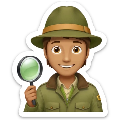  man with brown hair in beige moss green explorer outfit, hat, holding magnifying glass, smile sticker