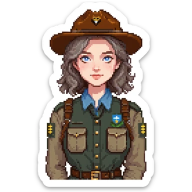 white woman park ranger with brown and gray hair and blue eyes sticker