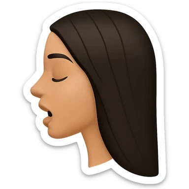 Create a side view (profile) of this woman's head in the normal iPhone emoji style, with closed eyes and an open mouth, smooth shading, no outlines, and long dark hair. Variant 1. The style should replicate the smooth shading and no outlines typical of the iPhone emoji style. sticker