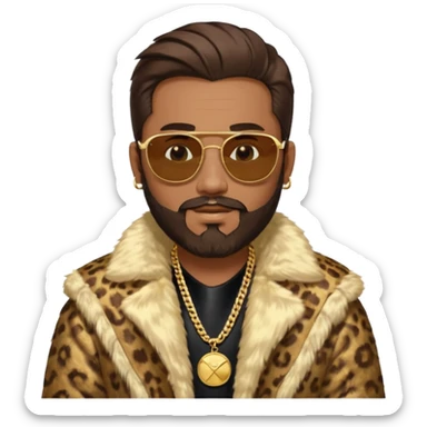 émoji homme barbu, cheveux bruns plaqués collés au crane avec raie au milieu, grosses lunettes de soleil rectangulaires à grosse branches, gros bijoux en or (chaine, montre,) manteau de fourrure très fluffy sur les épaules sourire en coin, boucles d'oreilles sticker