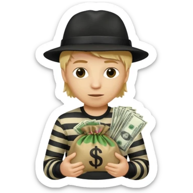 Robber with a shirt with white and black stripes holding a money bag also the robber is wearing a black robber hat and also has blond hair sticker