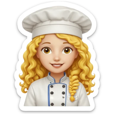 girl, yellow Long curly hair, happy, wearing chef uniform and chef hat sticker