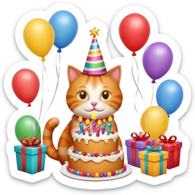 Ginger cat celebrates birthday, birthday hat, birthday cake, balloons, happy, gifts sticker