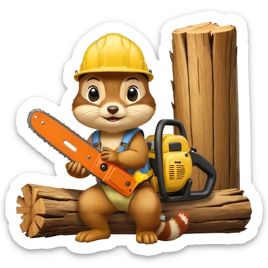  a chipmunk in a construction helmet and with a chainsaw in his hands kneels in front of a log and prays sticker