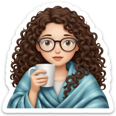 girl brunette Curly long hair and glasses inside a blanket sipping coffee eyes closed sticker