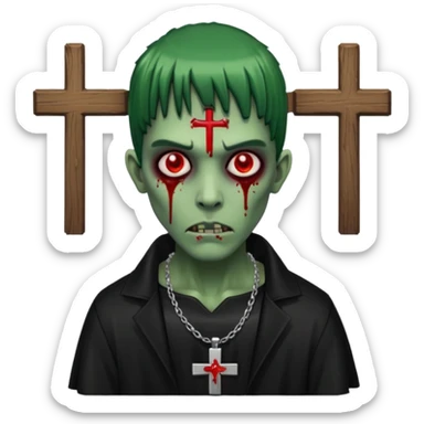 zumbi verde com olhos vermelhos sangrando e franja roupa preta e um crucifixo como colar sticker