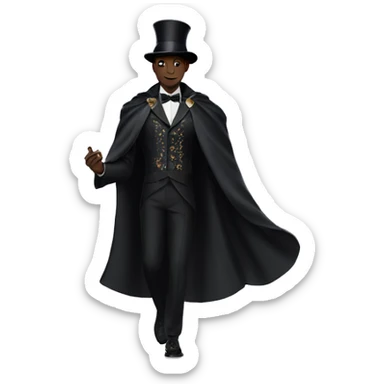 a black full body magician that has a cape that says ''Dior'', cape, text Dior sticker