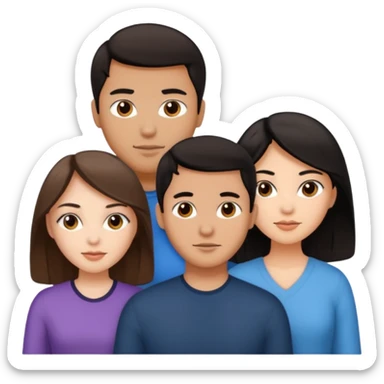three people, one white girl with brown hair, one hispanic man with dark hair, and one tan asian woman with black hair, as a poly couple emoji sticker