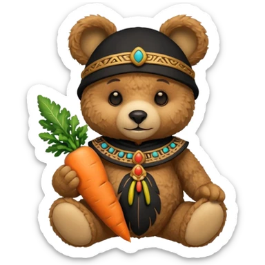 teddy bear Upper eat carrot , wearing black mayan ancient custome, half body sticker