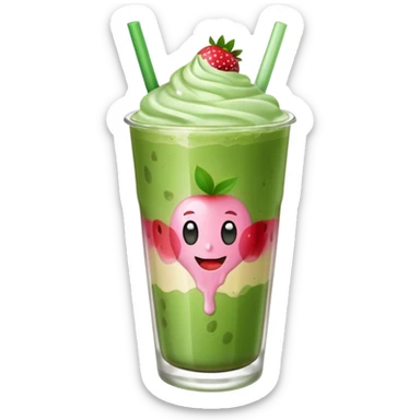 iced matcha latte in a glass with strawberry syrup at the bottom, apple emoji style sticker
