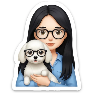 A girl with long black hair and glasses holding a white dog sticker