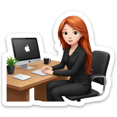 Video call therapy session: red-haired therapist with long hair wearing black minimalist clothing, seated in a professional home office, looking at the webcam; calm, modern teletherapy setting sticker