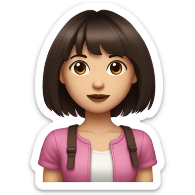girl with dark brown choppy shoulder-length hair and straight, blunt bangs with dark pink streaks, brown eyes and fair skin with a few moles sticker