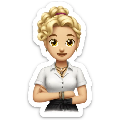 Waitress with white shirt and black apron, curly blonde hair in a pony tail, hazel eyes, lots of bohemian jewelry and bracelets  sticker