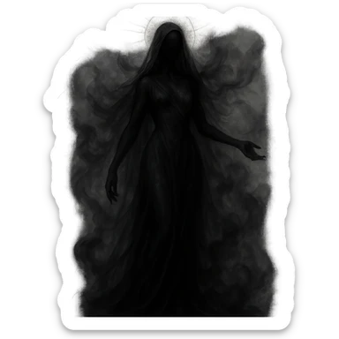 mystical being with no facial features, divine feminine characteristics, black color, ethereal and mystical atmosphere sticker