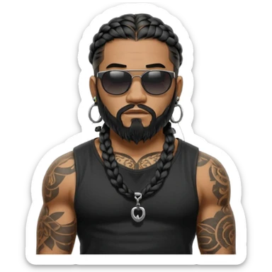 Samoan male. Beard chin.
Untucked loose fitting black t-shirt. 
long black braided hair.
very muscular.
Even More tattoos. 
Tough and menacing.
Dark black square sunglasses. sticker