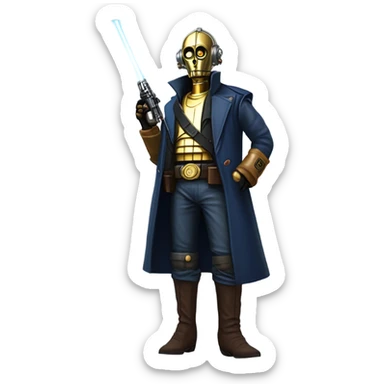 bounty hunter tarnished undercover tough well-equipped Jedi  life-sized darkblue-pearl C3po leather vest clothing pants and vest old west duster coat holding light saber sheriff holstered gun sticker