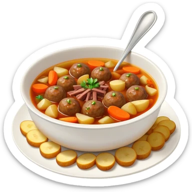 Mongolian meatball soup with sliced beef, carrots, and fried potatoes. sticker