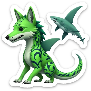 Edgy cool badass Neon-green landhai-sergal-dingo-hyena-wolf-raptor, with a shark tail, with black and dark-green swirly patterns markings sticker