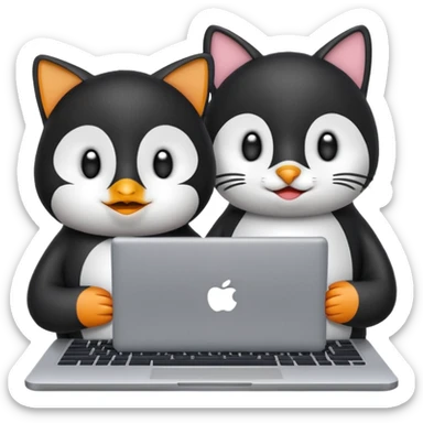 a penguin and a cat typing together on a laptop, emoji style sticker