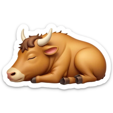 Meme-Worthy Cute Sleeping Domestic Ox Portrait Emoji, Head resting peacefully with a contented smile, showcasing a massive, sturdy build and a luxuriously soft hide, eyes gently closed in serene, restful slumber, Simplified yet hilariously adorable features, highly detailed, glowing with a soft, drowsy natural light, high shine, relaxed and utterly lovable, stylized with an air of playful laziness, soft glowing outline, capturing the essence of a sleeping ox that feels destined to become the next viral sensation of adorable rest! sticker