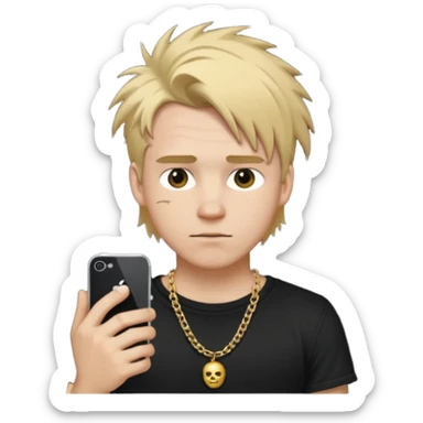 make a iphone emoji who is a white man that looks young with messy blonde medium hair with a black punk shirt and a golden neckless sticker