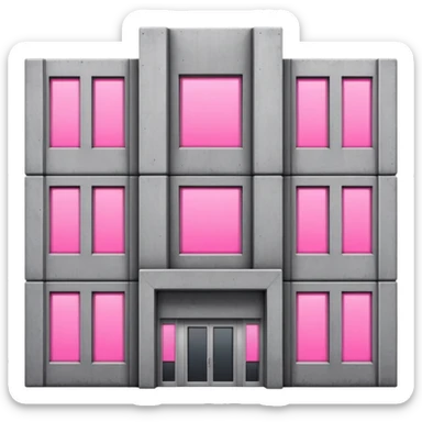 Gray concrete panel building with multiple regular windows and just one pink glowing window, brutalist architecture sticker
