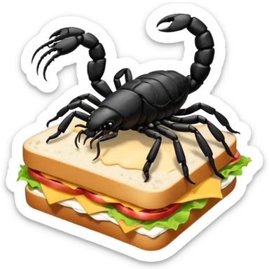 MAKE A SCORPION ON TOP OF A EHITE FLUFFY CLOUD THAT IS HOLDING A SANDWICH IN ITS CLAW AND LOOKING LIKE ITS EATING IT AND ITS NOT ON TOP OF THE SANDWICH ITS HOLDING IT AND NO SANDWICH UNDER ITS FEET OMG JUST MAKE A CLOUD AND ON TOP OF IT IT SHOULD BE A SCORPRON. HOLDING A SANDWICH sticker