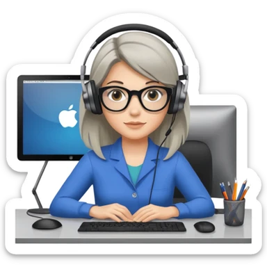 donna bionda occhi azzurri con occhiali grigio/neri, capelli media lunghezza lisci, davanti al pc alla sua scrivania. è una grafica editoriale e redattrice sticker